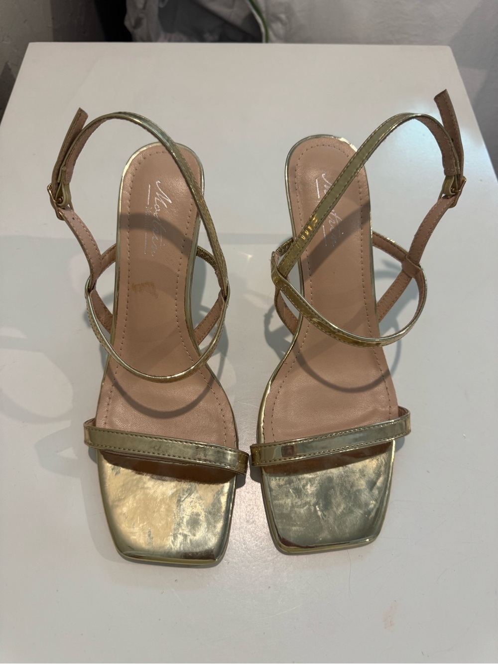 Metallic Gold Strappy Square-Toe Slingback Heels - Women